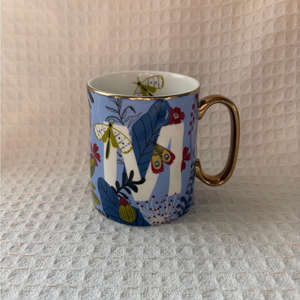 SH Home Initial “M” Mug With Gold Handle, Florals & Insects New With Tags 16oz.